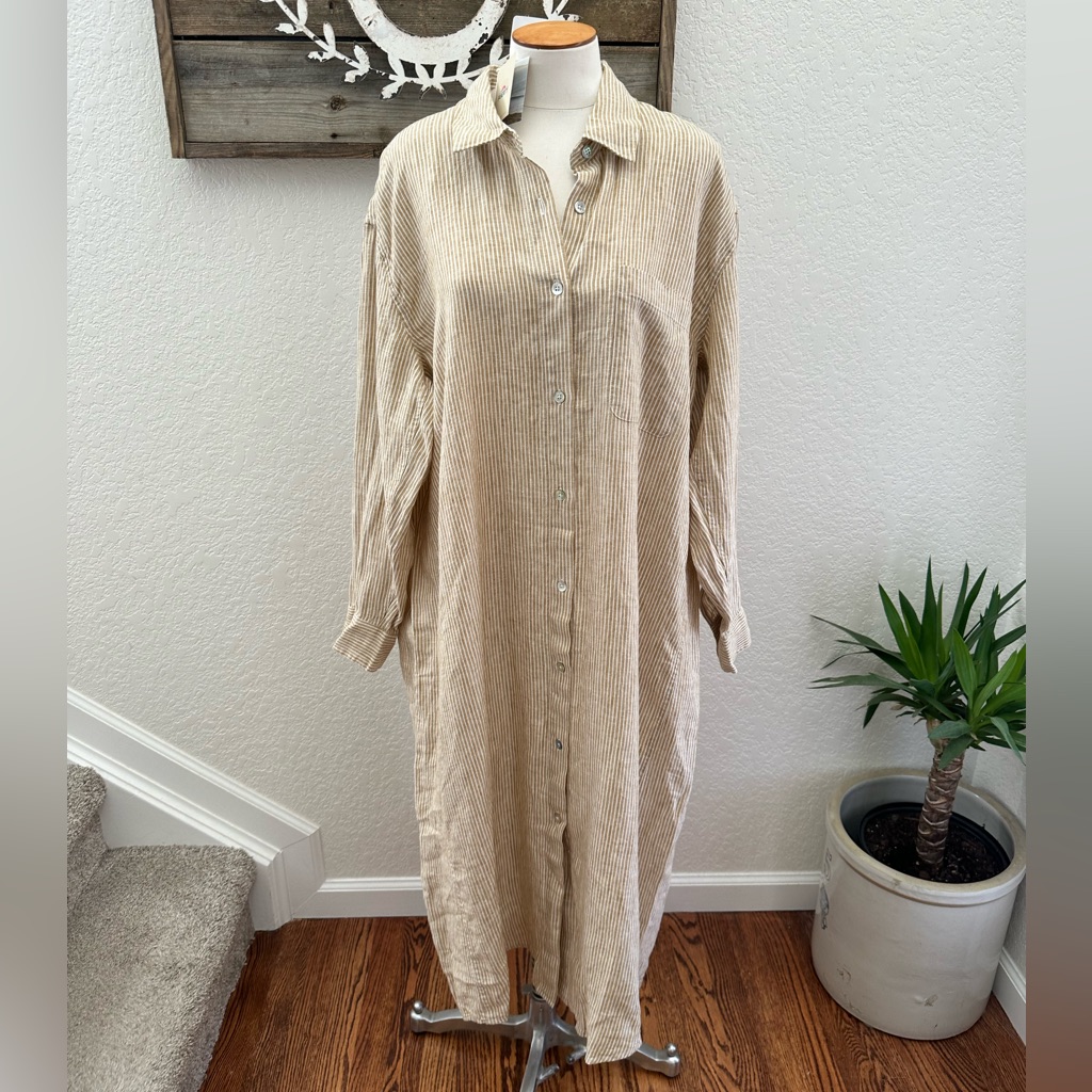 Evereve Faherty Linen Laguna Maxi Dress Stripe Button Down Size Xl Nwt